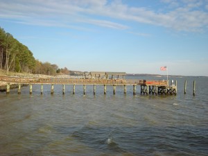 Pier and deck with boat slips, James River, James City County, Virginia