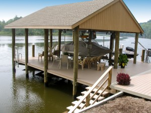 Residential boathouse, with 200' synthetic decking, boatlift, and slip